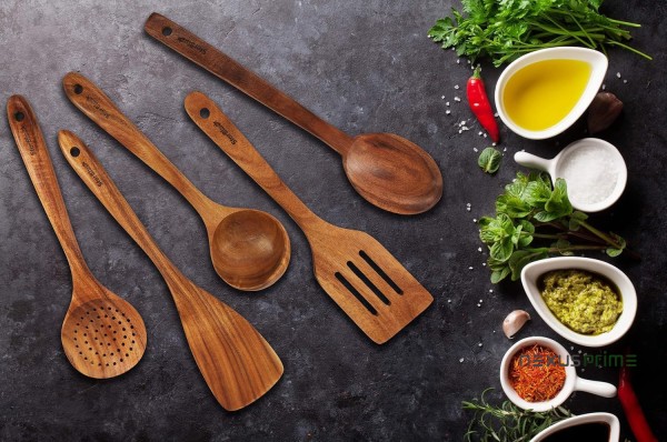 StarBlue - Set Di Utensili Da Cucina In Legno Di Acacia Da 6 Pezzi; Resistenti Spatole Antigraffio Per Pentole Antiaderenti; Set Di Spatole Ecologiche Ed Ergonomiche Con Apposito Contenitore In Legno