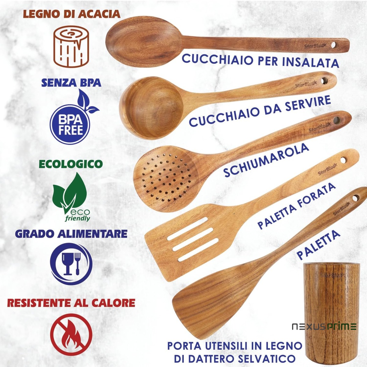 StarBlue - Set Di Utensili Da Cucina In Legno Di Acacia Da 6 Pezzi; Resistenti Spatole Antigraffio Per Pentole Antiaderenti; Set Di Spatole Ecologiche Ed Ergonomiche Con Apposito Contenitore In Legno - Asset