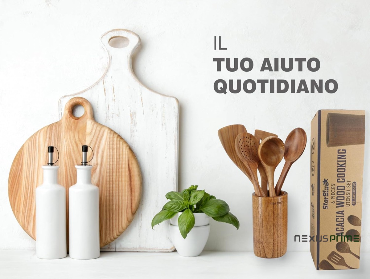 StarBlue - Set Di Utensili Da Cucina In Legno Di Acacia Da 6 Pezzi; Resistenti Spatole Antigraffio Per Pentole Antiaderenti; Set Di Spatole Ecologiche Ed Ergonomiche Con Apposito Contenitore In Legno - Asset